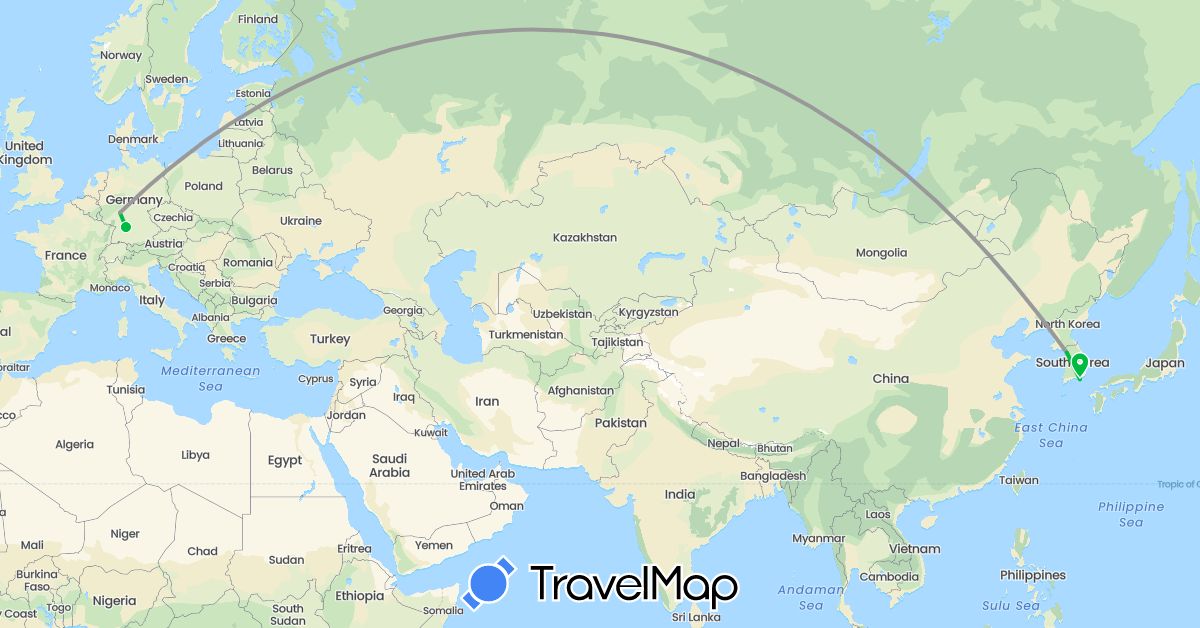 TravelMap itinerary: driving, bus, plane in Germany, South Korea (Asia, Europe)